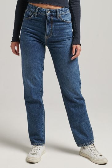 Superdry Blue Organic Cotton High Rise Straight Jeans