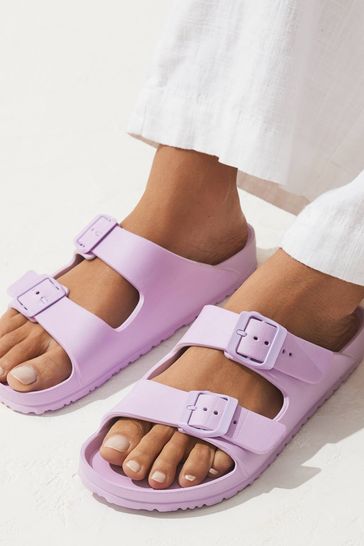 Purple EVA Double Strap Flat Slider Sandals with Adjustable Buckles