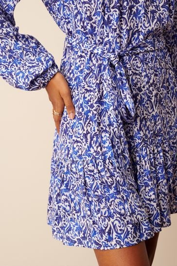 Buy Blue/White Floral Tie Waist Long Sleeve Mini Dress from Next