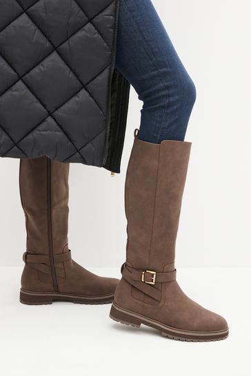 Brown Forever Comfort® Buckle Detail Knee High Boots