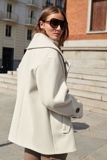 Buy Winter White Double Breasted Long Sleeved Peacoat from Next Luxembourg