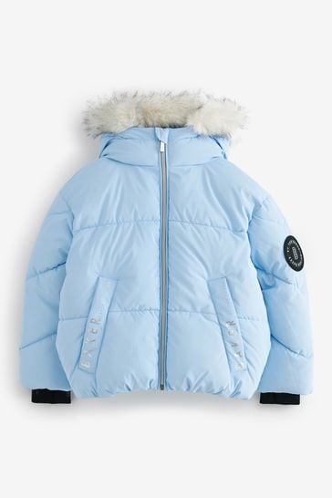 Blue coat with outlet white fur hood