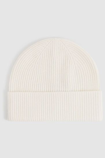 Reiss Ecru Chaise Merino Wool Ribbed Beanie Hat