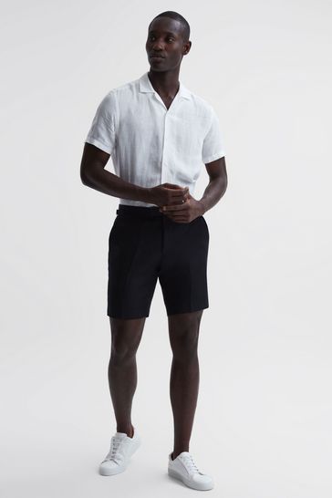 Reiss Black Searcy Linen Side Adjuster Shorts