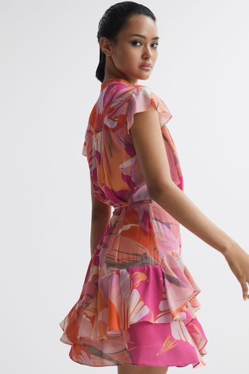 Buy Reiss Pink Coral Marseille Tropical Print Layered Mini Dress