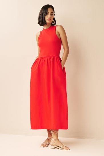 Red Ribbed Sleeveless Vest Poplin Mix Midi Cotton Blend Dress