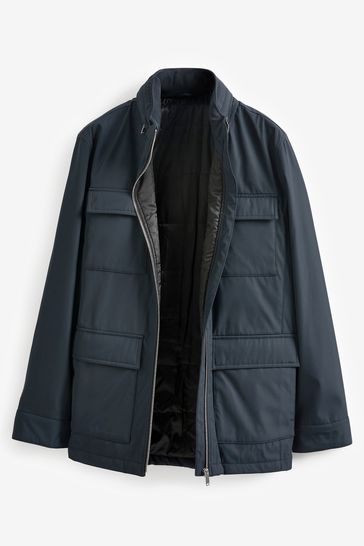 Buy Navy Blue Shower Resistant Four Pocket Funnel Neck Jacket from