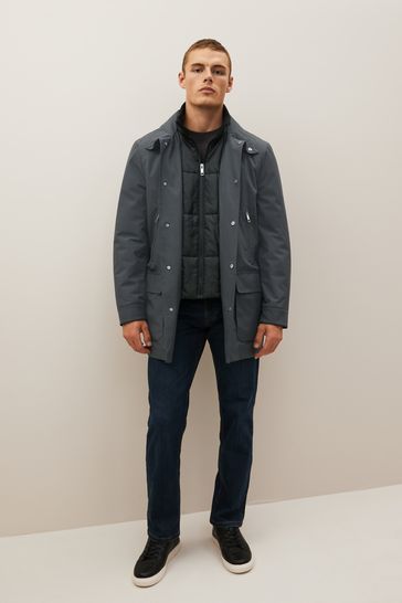 Black Shower Resistant Four Pocket Funnel Neck Coat