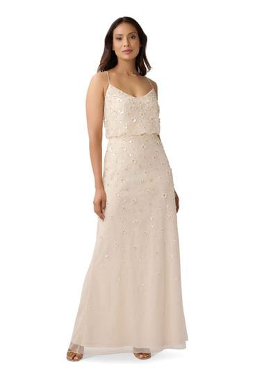 Adrianna Papell Natural 3D Beaded Floral Gown