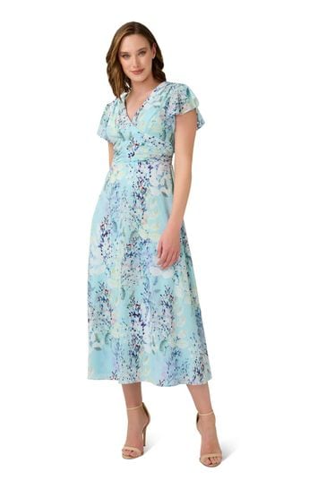 Adrianna Papell Blue Floral Printed Fit And Flare Dress
