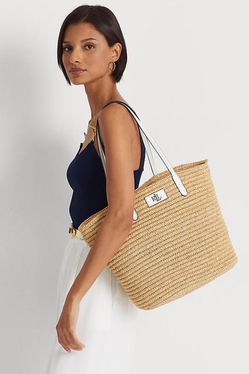 Buy Lauren Ralph Lauren Leather Trim Straw Large Brie Tote Bag