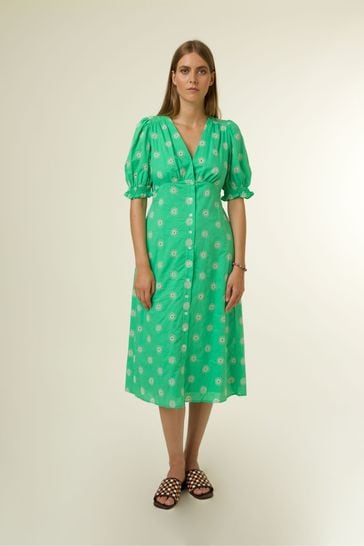 Frnch Green Broderie Anglaise Puff Sleeve Midi Dress