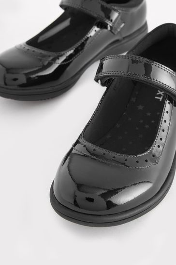 Black Patent Narrow Fit E School Leather Brogue Detail Mary Jane Shoes