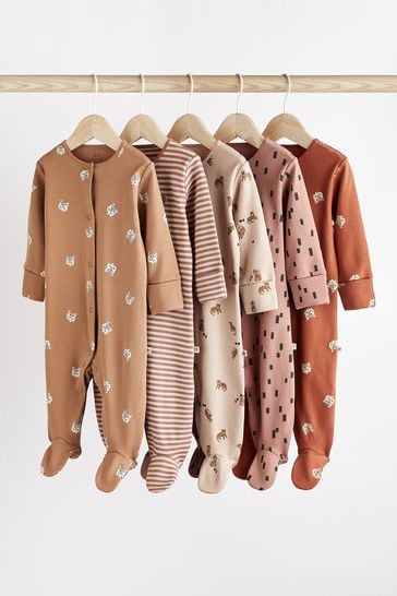 Tan Brown Cotton Baby Sleepsuits 5 Pack (0-2yrs)