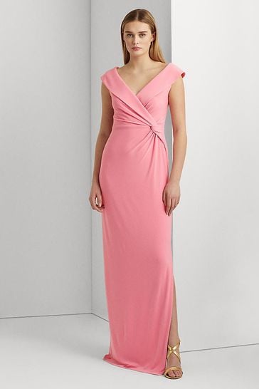 Lauren Ralph Lauren Pink Stretch Off Shoulder Leonidas Maxi Evening Dress