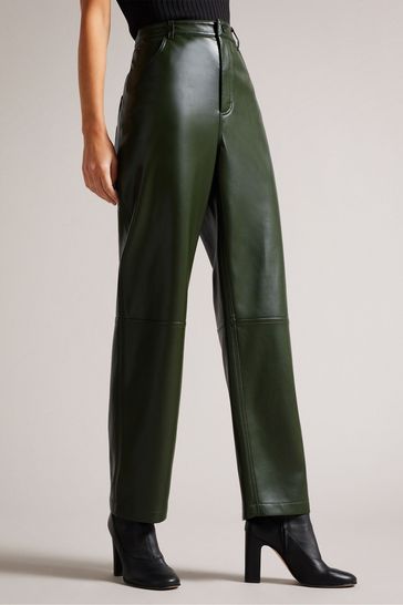 Ted Baker Khaki Green Plaider Panelled Straight Leg Pu Trousers