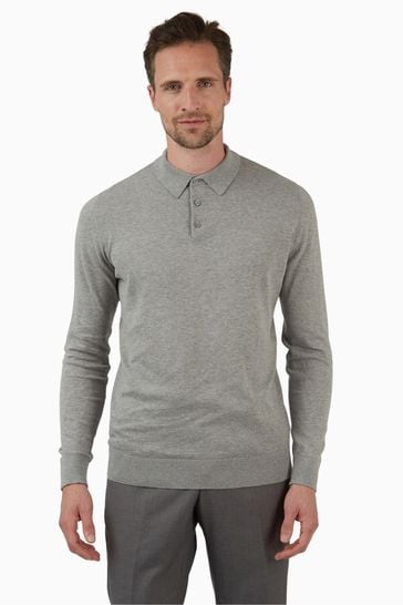 Jeff Banks Grey Long Sleeve Knit Polo Shirt