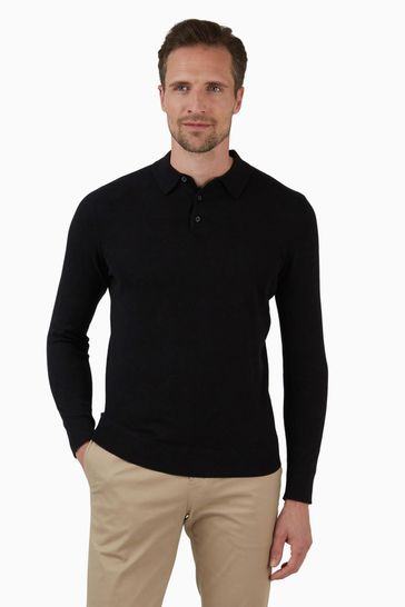 Jeff Banks Black Long Sleeve Knit Polo Shirt