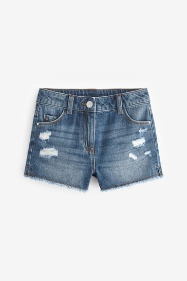 Mid Blue Denim Distressed Regular Length Frayed Edge Shorts (3-16yrs)