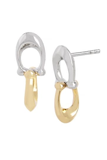 COACH Gold Tone Signature C Double Drop Stud Earrings