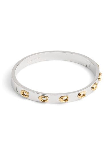 COACH Two Tone Signature C Hinged Bangle Bracelet