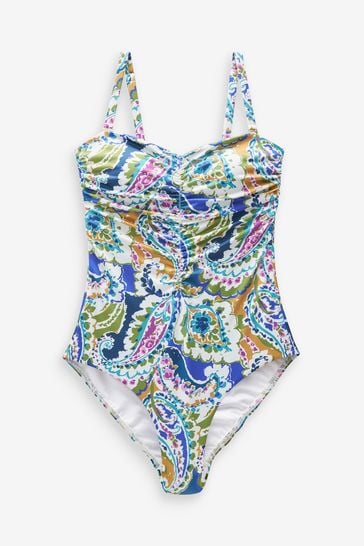 Buy White/Blue Floral Bandeau Ruched Leg Tummy Control Swimsuit from Next