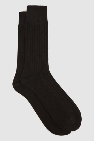 Reiss Black Cirby Wool-Cashmere Blend Ribbed Socks