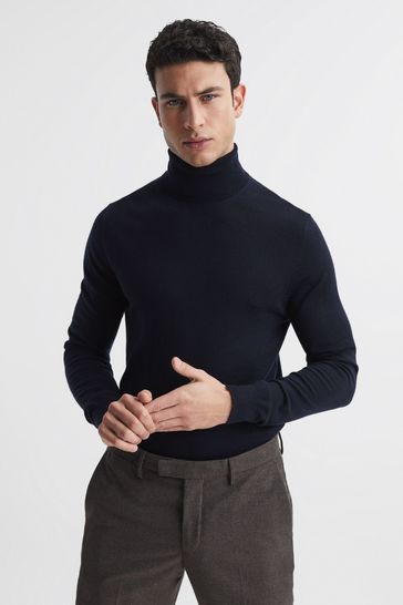 Reiss Navy Caine Slim Fit Merino Wool Roll Neck Jumper