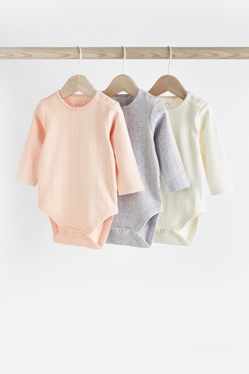 Pink/Grey/White Pointelle Baby Long Sleeve Bodysuits 3 Pack