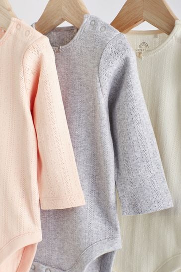 Buy Pink Grey White Pointelle Baby Long Sleeve Bodysuits 3 Pack