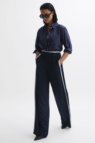 Reiss Navy Lina High Rise Wide Leg Trousers