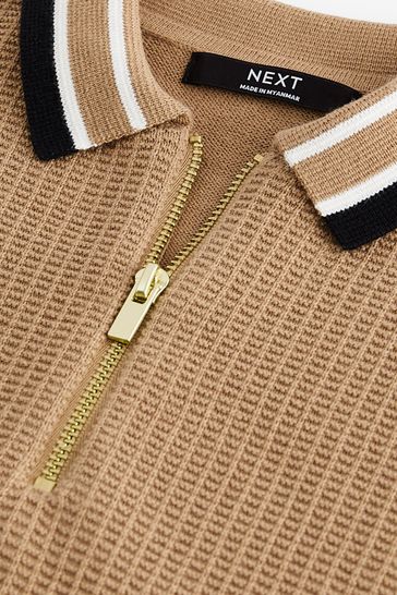 Buy Tan Brown Long Sleeve Knitted Zip Polo Shirt 3 16yrs from