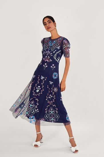 Monsoon Blue Leor Embroidered Midi Dress