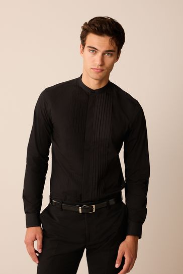 Black Grandad Collar Slim Fit Single Cuff Occasion Pleated Dress Shirt