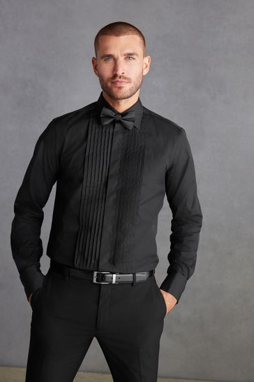 Black Regular Fit Double Cuff Pleated Double Cuff Dress Shirt