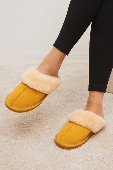 Yellow Suede Faux Fur Lined Mule Slippers
