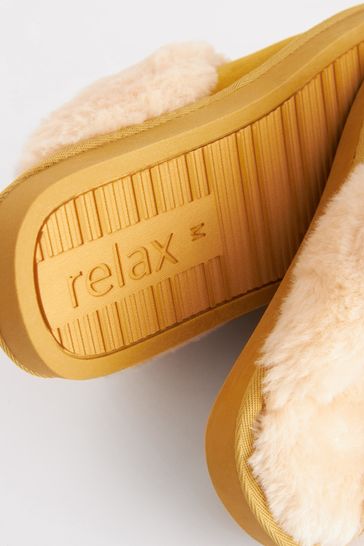 Yellow faux fur slides on sale