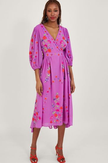 Buy Monsoon Purple Lusia Embroidered Wrap Dress in Recycled Polyester ...