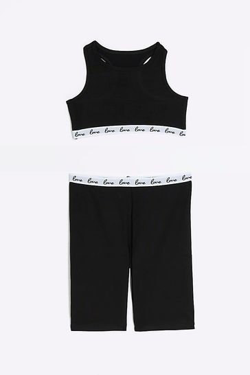 River Island Black Girls  Love Crop and Cycle Short Set