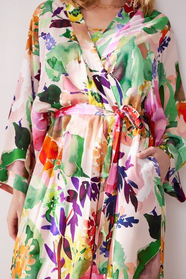 Buy Pink Watercolour Floral Satin Lightweight Dressing Gown from