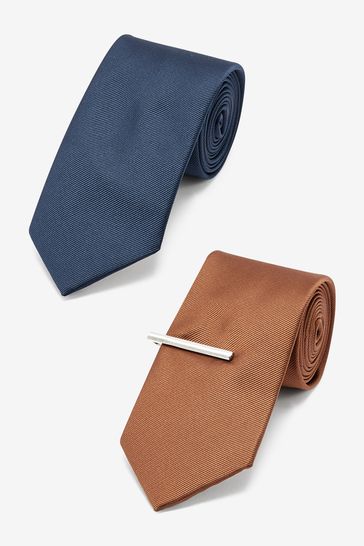 Navy Blue/Tan Brown Twill Ties With Tie Clip 2 Pack