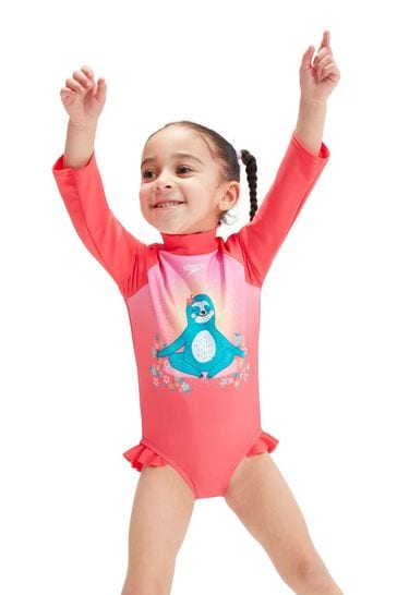Speedo Girls Pink Digital Long Sleeve Frill Swimsuit