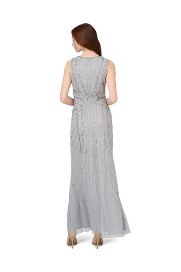 Adrianna Papell Silver Studio Beaded Long Dress With Godets