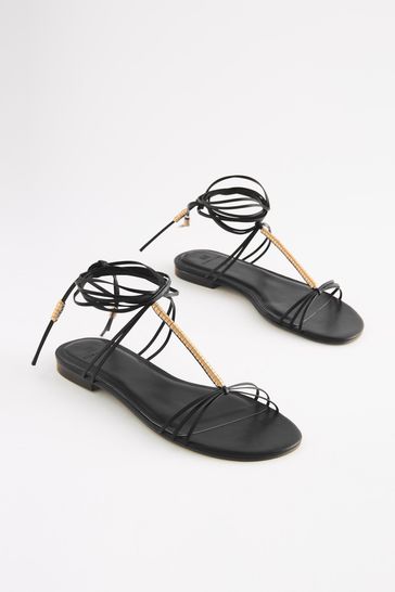 Buy Black Signature Leather Flat Strappy Sandals with Metallic