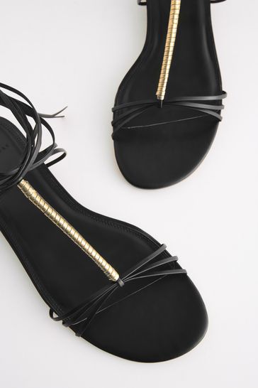 Buy Black Signature Leather Flat Strappy Sandals with Metallic