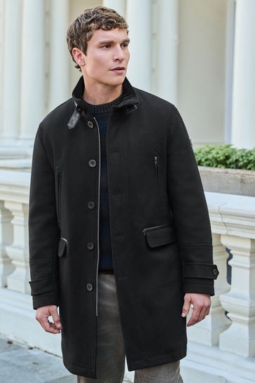 Buy Black Wool Blend Four Pocket Funnel Neck Coat from Next Latvia