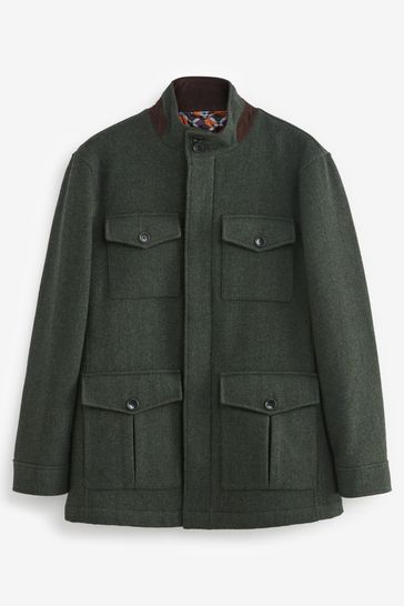 Buy Green Herringbone Four Pocket Funnel Neck Coat from Next