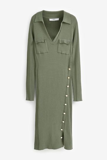 Buy Khaki Green Ribbed Button Detail Knit Utility Midi Dress from Next Luxembourg