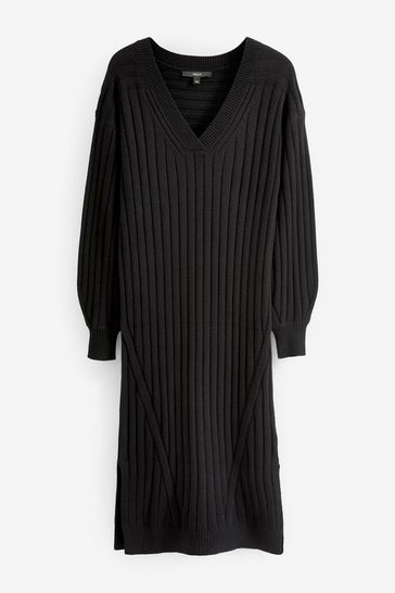 Buy Black Ribbed V Neck Knit Jumper Dress from Next Singapore
