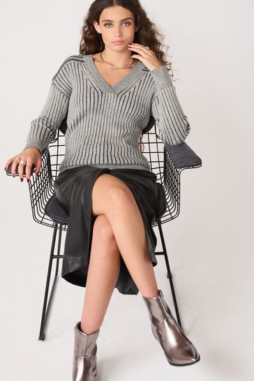 Buy Grey Ribbed V Neck Jumper from Next Luxembourg